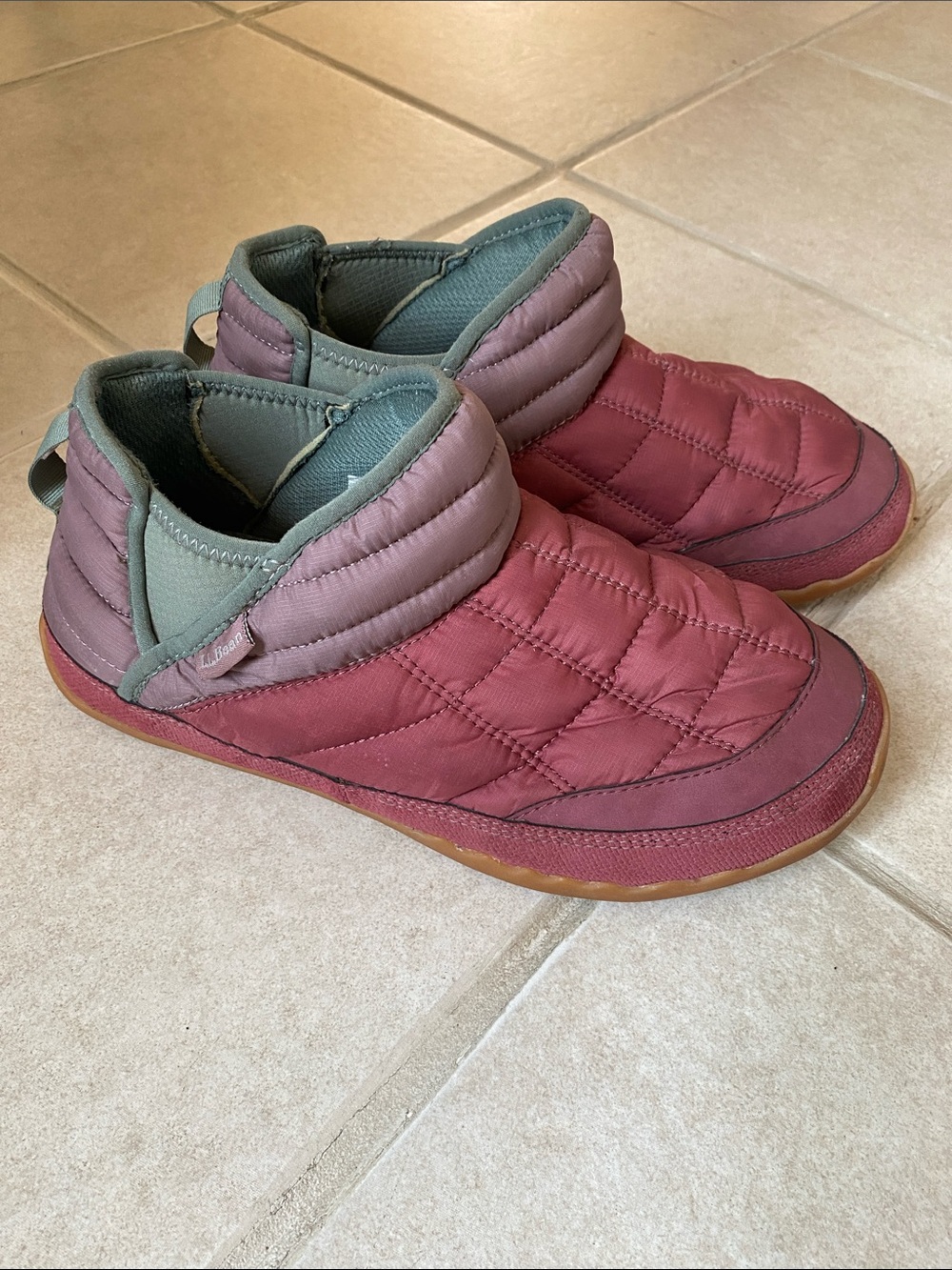 L.L. Bean Quilted Slip-On Snow Shoes in Mauve and Sage